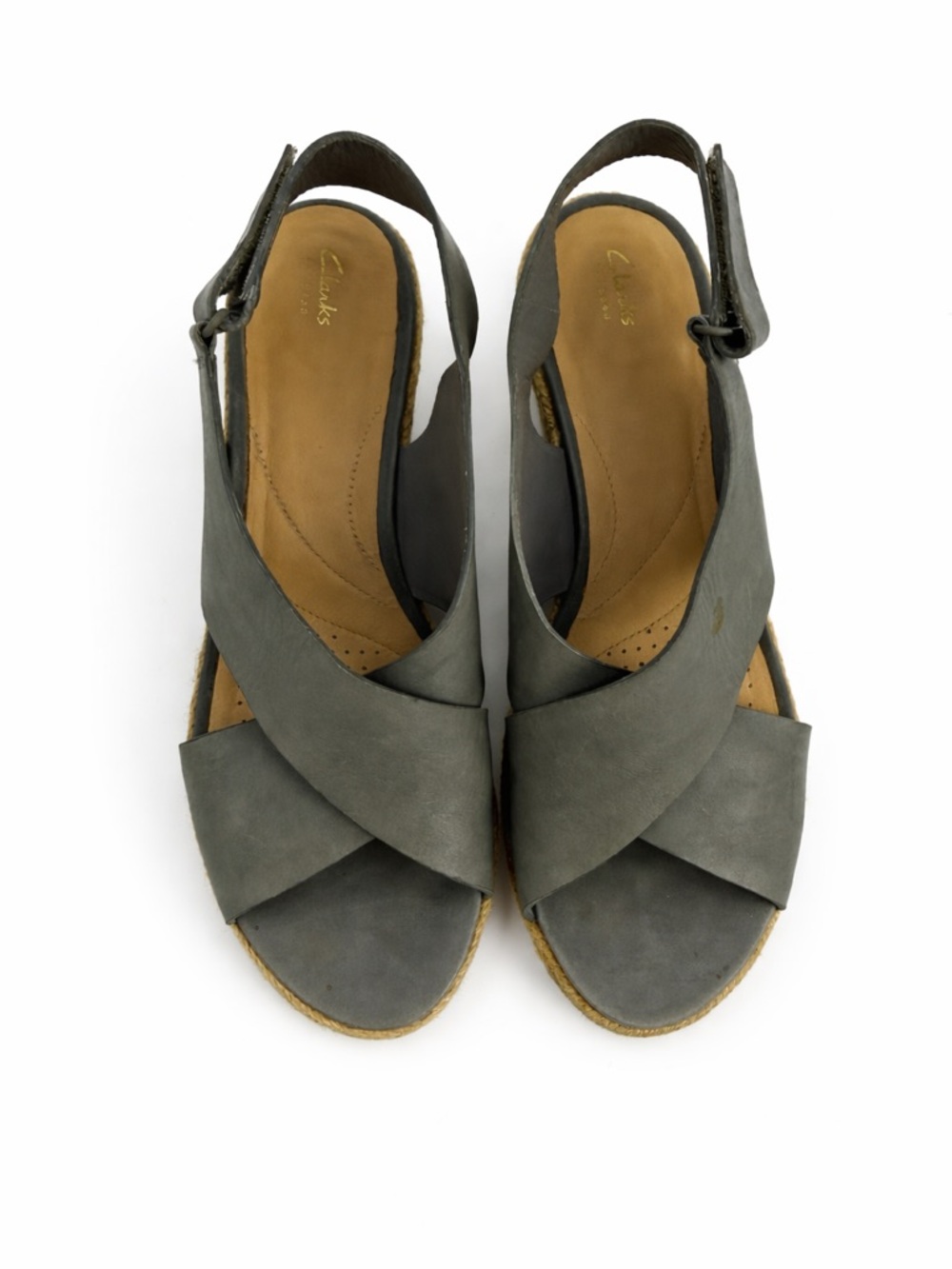 Clarks Artisan Gray Leather Wedge Sandals Slingback Platform Espadrille Style - Picture 2 of 16